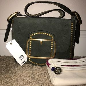 TORY BURCH green suede studded purse. NEVER USED